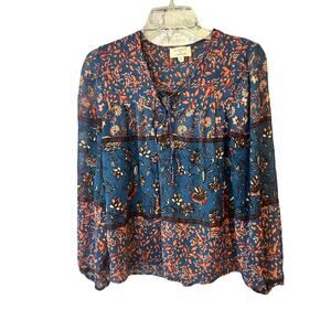 Everly for Francesca's 3/4 sleeve sheer blue floral blouse top shirt women's XS